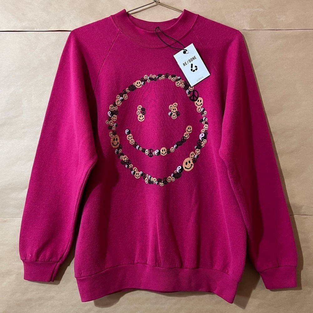Re/Done NWT Upcycled Sweatshirt Smile Graphic Pink Crewneck Pullover Size XS/S